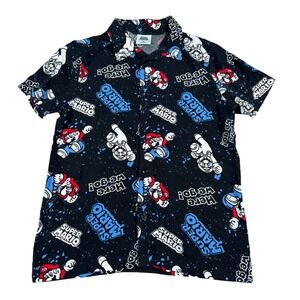 Super Mario Graphic Print Short Sleeve Button‎ Up Shirt Black Rayon Size M